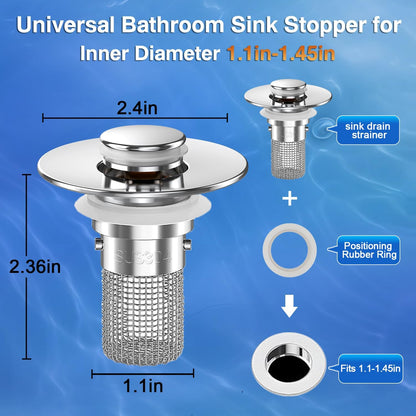 Bathroom Sink Drain Strainer, Pop-up Sink Drain Strainer with Removable Stainless Steel Strainer Basket Hair Catcher, Bathroom Sink Strainer for Bathroom Sink Stopper Replacement(1PCS)