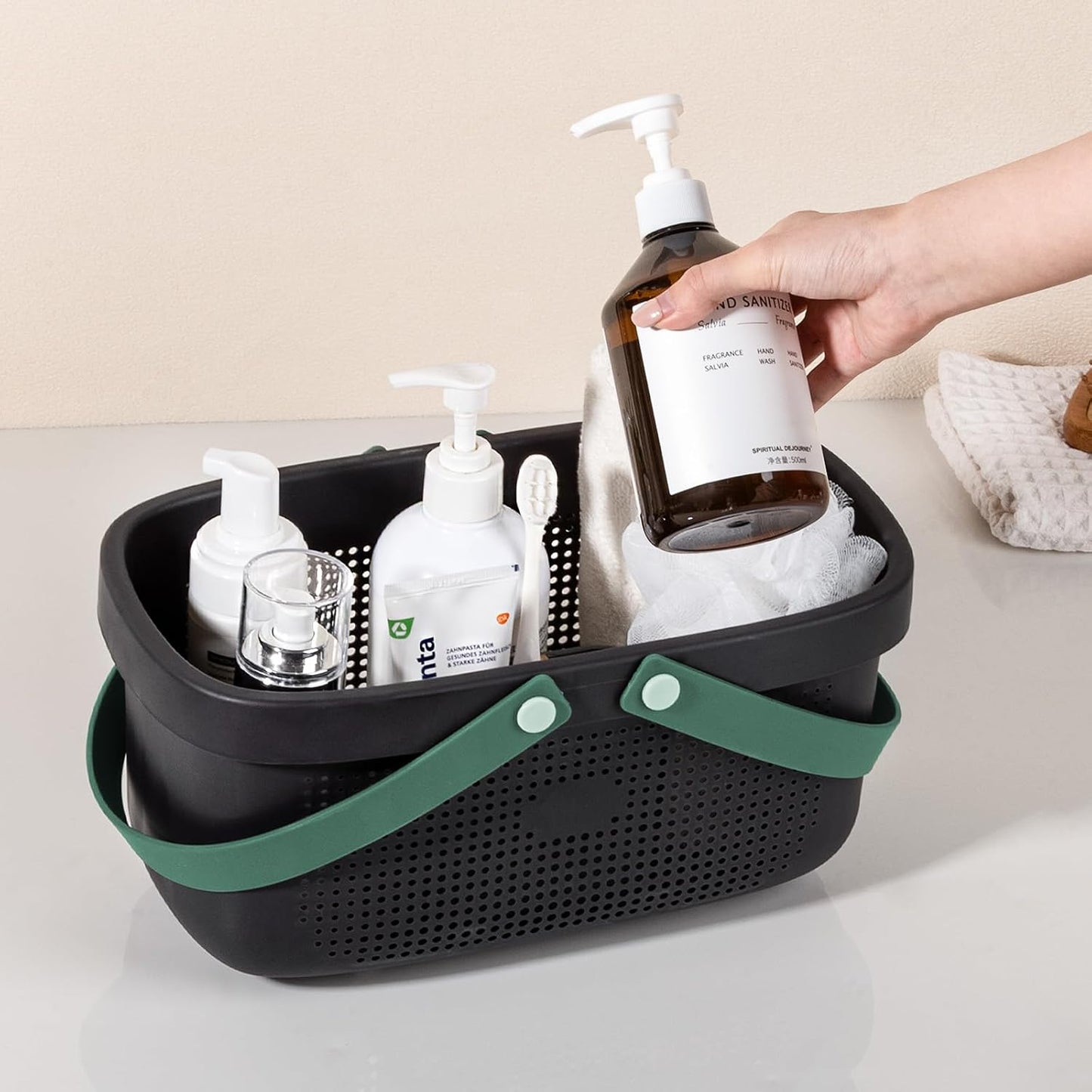 JiatuA Plastic Storage Basket with Handle Portable Shower Caddy Tote Organizer Basket Bin for Bathroom Kitchen Dorm Room Bedroom, Green | Sturdy Drainage Large Capacity Organizer Basket with Silicone Handles for Bathroom Kitchen Bedroom College Dorm