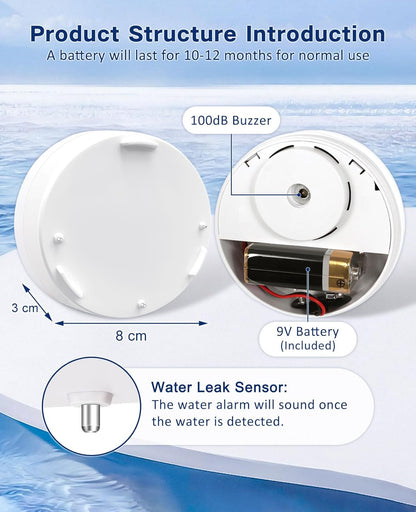 Geevon 10 Pack Water Leak Detectors,100dB Sensor Alarms for Home | Flood Leak Detectors for Basement,Bathroom,Laundry Room,Sink,Garage,Wine Cellar,RV and Window,Water Alarms with Batteries