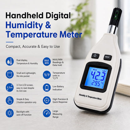 Handheld Digital Humidity & Temperature Meter 0~100% RH/ -30~70°C (-22~158°F) LCD Display Backlight Moisture Thermo Hygrometer Thermometer Small Tester Gauge for Home Kitchen Indoor Outdoor