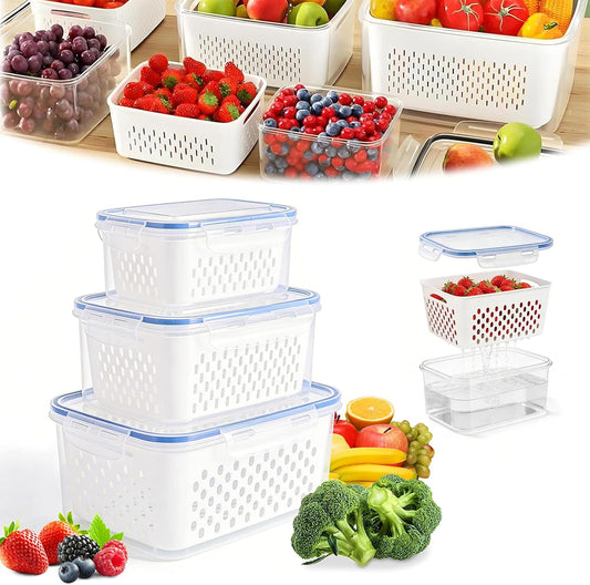 3PC 4 in 1 Food Storage Containers for Fridge with Lid,Produce Keeper with Removable Colander & Drain Basket,Airtight Leakproof Fruit Vegetable Storage Containers Transparent Kitchen Organize(S+M+L)