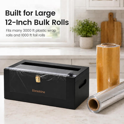 Libreshine 12-Inch Bamboo Plastic Wrap Dispenser with Cutter for Large Roll | Fits many 3000 ft plastic wrap and 1000 ft foil rolls, including Kirkland Signature rolls sold at Costco