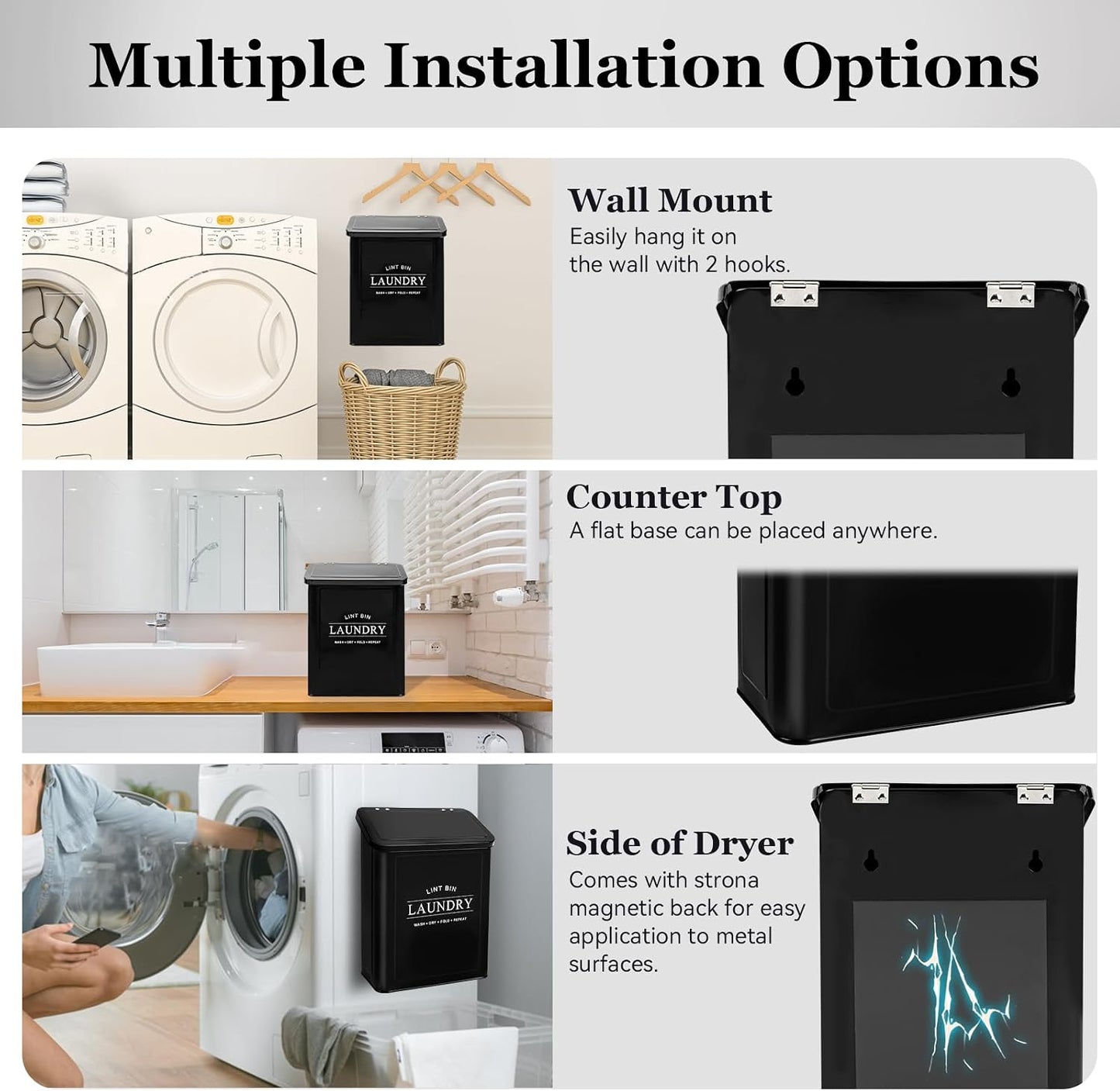 Magnetic Lint Bin with Lint Brush for Laundry Room Decor Farmhouse Rustic Metal Wall Mounted Lint Box Holder Keeper Organization Lint Trash Can with lid for Dryer