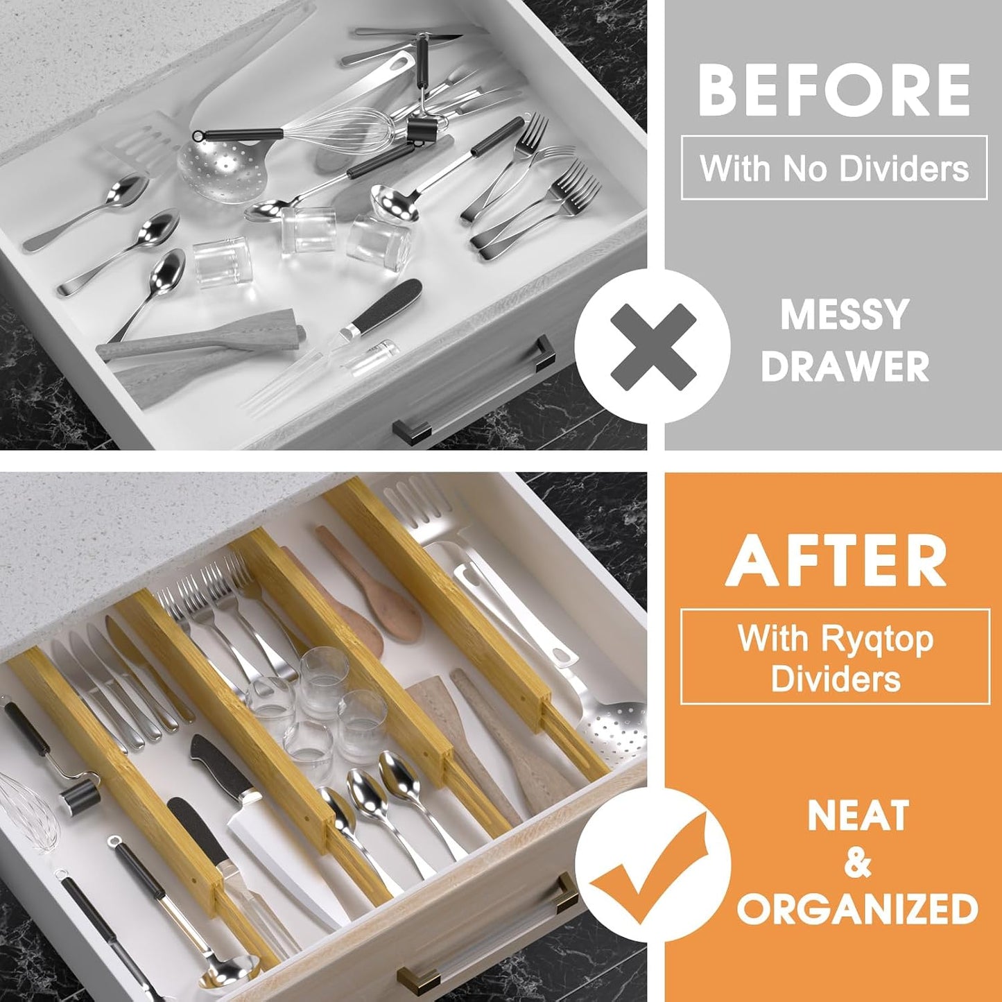 Bamboo Drawer Dividers, Adjustable Drawer Organizers, Fits 12.6–16" Drawers | 2.5" High, 4 Pack Expandable Drawer Separators for Kitchen, Nursery, Dressers & Office Storage, Natural