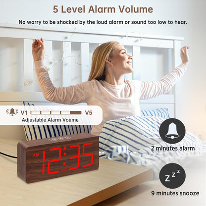 DreamSky Wooden Digital Alarm Clock for Bedroom with Large Numbers | Desk Clock for Living Room Office, Loud Alarm for Heavy Sleepers Adults, Volume Control, Dimmer, DST, Wood Decor (Plug-in)
