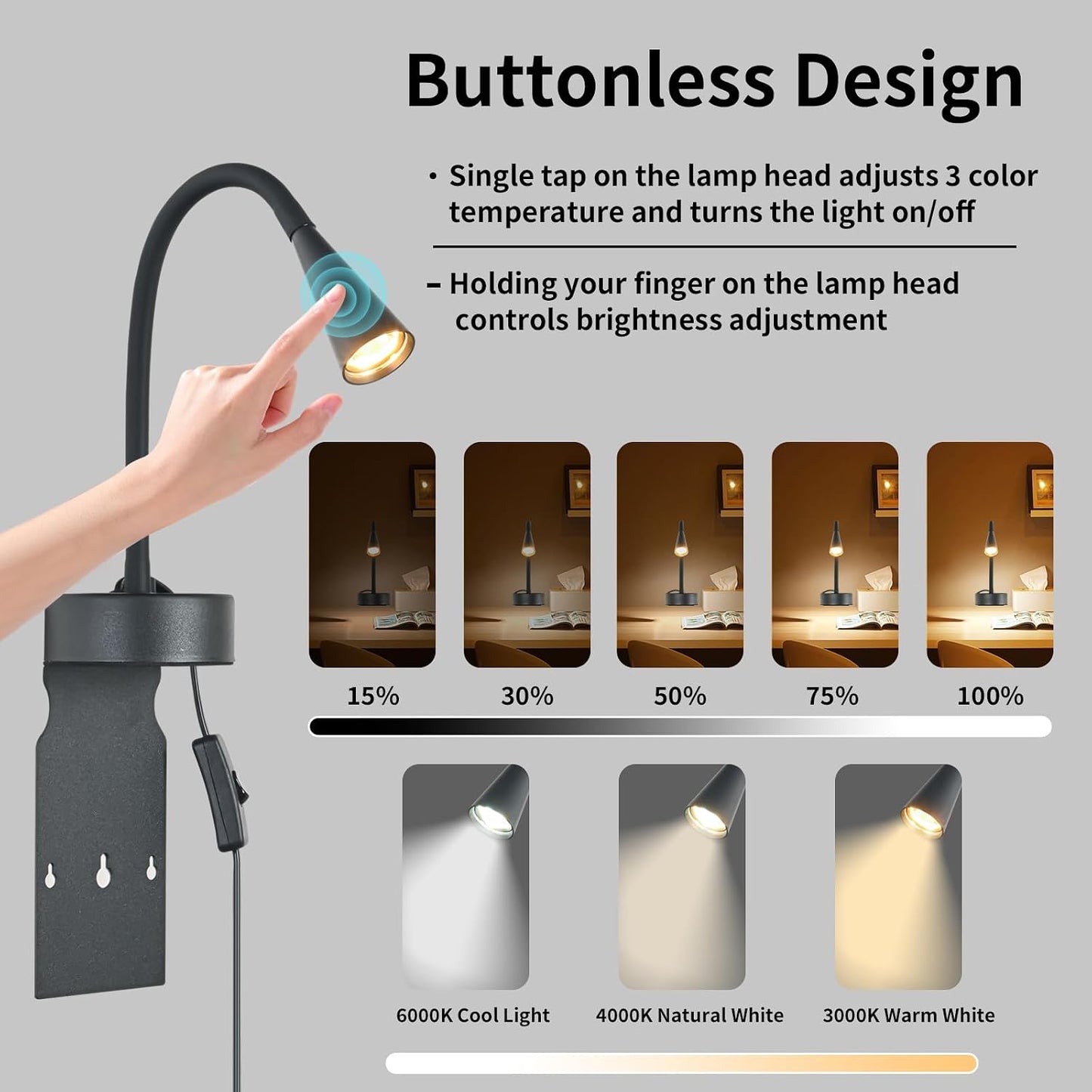 Black Headboard Reading Light, No Drilling Wall Mounted Reading Lights for Bedside, Book Light for Bedtime Reading, Buttonless Dimmable Reading Lamp, Movable Gooseneck Reading Sconces for Bedroom