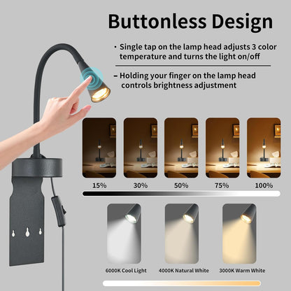 Black Headboard Reading Light, No Drilling Wall Mounted Reading Lights for Bedside, Book Light for Bedtime Reading, Buttonless Dimmable Reading Lamp, Movable Gooseneck Reading Sconces for Bedroom