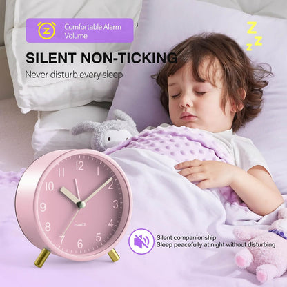 Back to School Silent Analog Quartz Alarm Clock for Kids Bedroom,Night Light, Battery Operated, Fashionable Round Metal