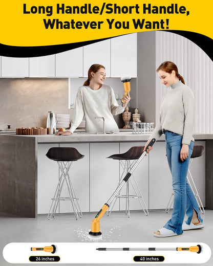 Electric Spin Scrubber for Bathroom, Shower Scrubber with Long Handle | Shower Cleaner Brushes, IPX7 Waterproof & 2 Speed, 3 Brush Heads, 90min Runtime, Bathroom Cleaning Supplies for Toilet Tub