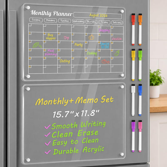Magnetic Fridge Calendar 3 Pack Clear Acrylic Dry Erase Whiteboard for Refrigerator Monthly Weekly Daily Planner with 8 Color Markers for Chore Chart Events Shopping Lists Meal Planner Kitchen
