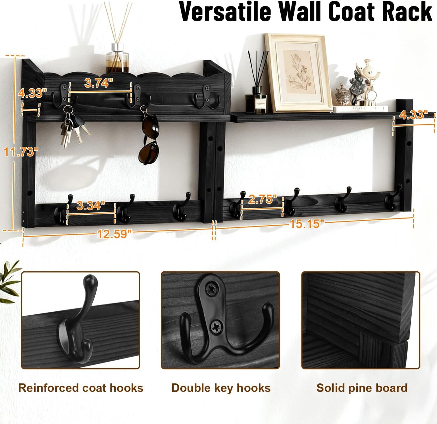28" Coat Rack Wall Mount with Shelf with 7 Hooks 3 Key Hanger | Entryway Key Holder Wall Mount Wood Wall Coat Hooks, Wall Mounted Coat Rack Mail Holder for Living Room, Bedroom