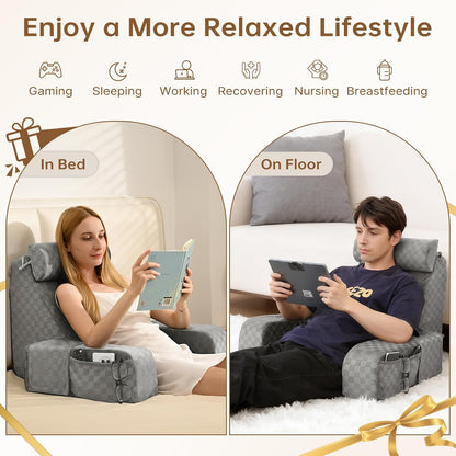 Vekkia 19'' Reading Pillow for Adults with XL Side Pockets, Adjustable Arms | 45° Back Support Chair for Sitting in Bed, Washable Cover, Perfect for Gaming, Watching TV, Relaxing, or Recovery, Gift Idea