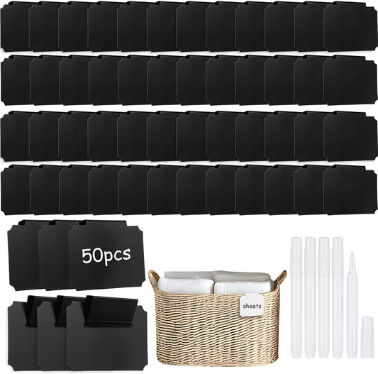 50 Pcs White Basket Labels Clip with 4 Black Chalk Markers Reusable Plastic Storage Bin Erasable Labels Kitchen Pantry PVC Tag Stickers for Fabric Cubes Basket Box Organization