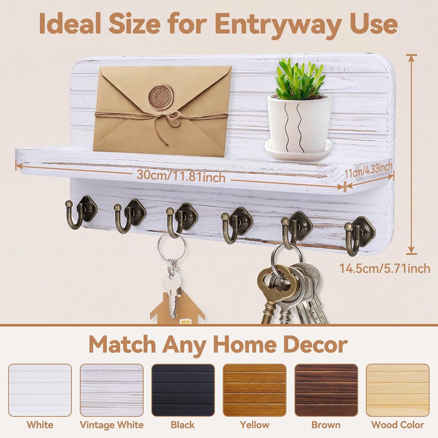Key Holder for Wall, Mail Organizer Wall Mount with 6 Hooks Wooden Hanging Key Rack for Home Decor, Hallway, Entryway (Yellow)