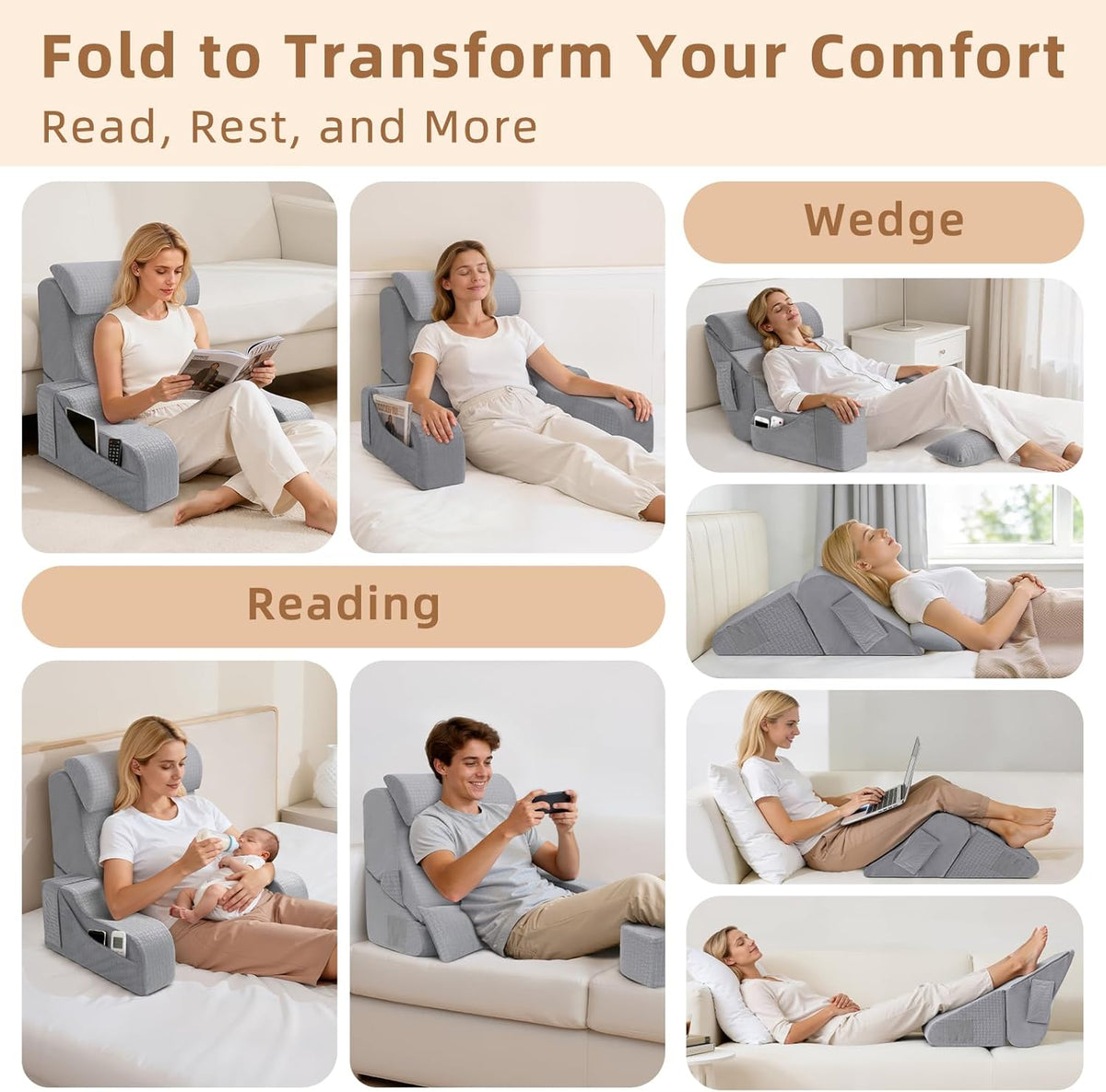 Foldable Reading Pillow for Sitting in Bed Adult, White/Grey, 19"