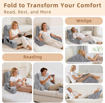 Foldable Reading Pillow for Sitting in Bed Adult, White/Grey, 19"