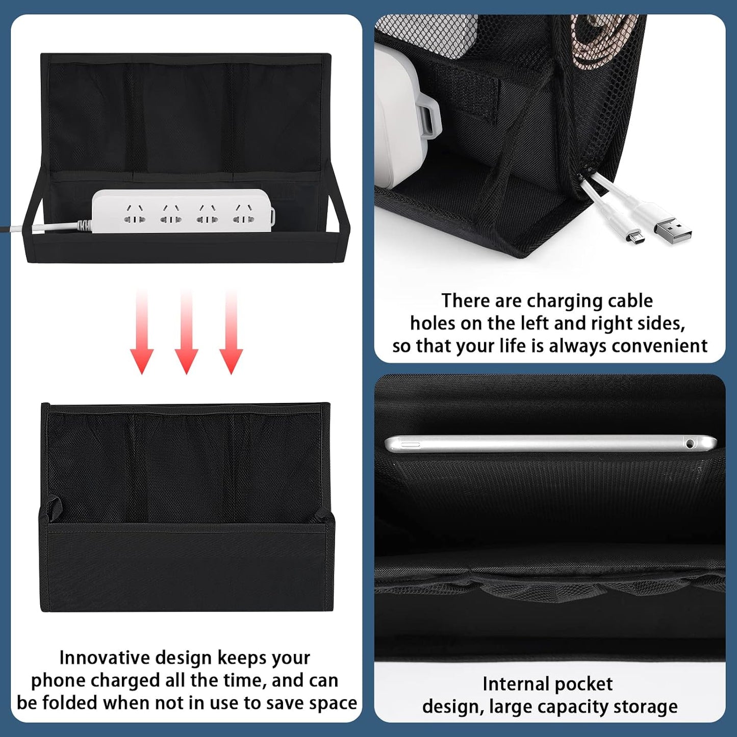 Bedside Caddy Organizer for Dorm Bed Rails with 7 Pockets, Gray | Bed Pockets Bedside Storage with Power Strip Holder & 2 Adjustable Straps for Home, College, Dorm, Hospital Bedside Organizer