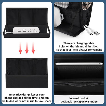 Bedside Caddy Organizer for Dorm Bed Rails with 7 Pockets, Gray | Bed Pockets Bedside Storage with Power Strip Holder & 2 Adjustable Straps for Home, College, Dorm, Hospital Bedside Organizer
