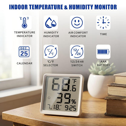 Room Hygrometer Indoor Thermometer for Home, Black | Small Digital Temperature Humidity, Comfort Indicator, Digital Clock & Calendar, Desktop Humidity Meter, Compact Size