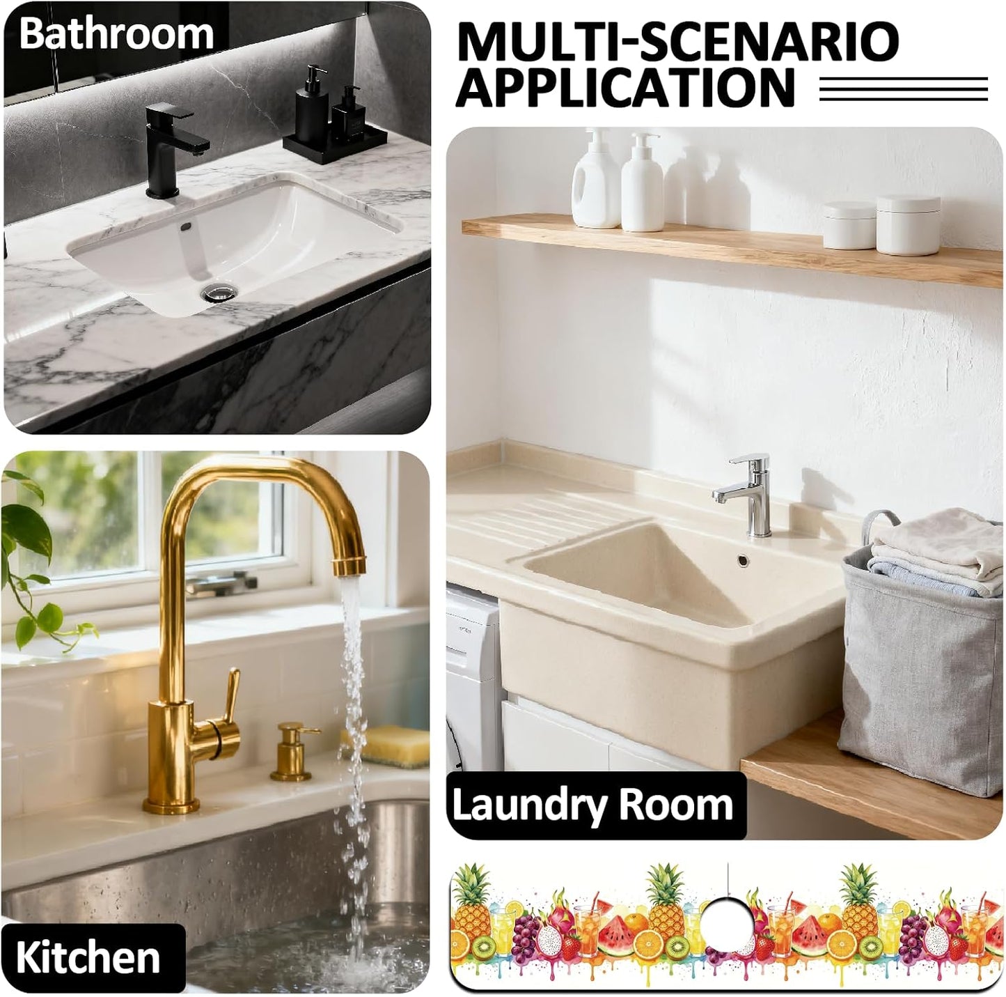 2Pcs Peonies Kitchen Sink Splash Guard Faucet Mat Vintage Florals Faucet Mat For Bathroom Kitchen 5.5x23.6In