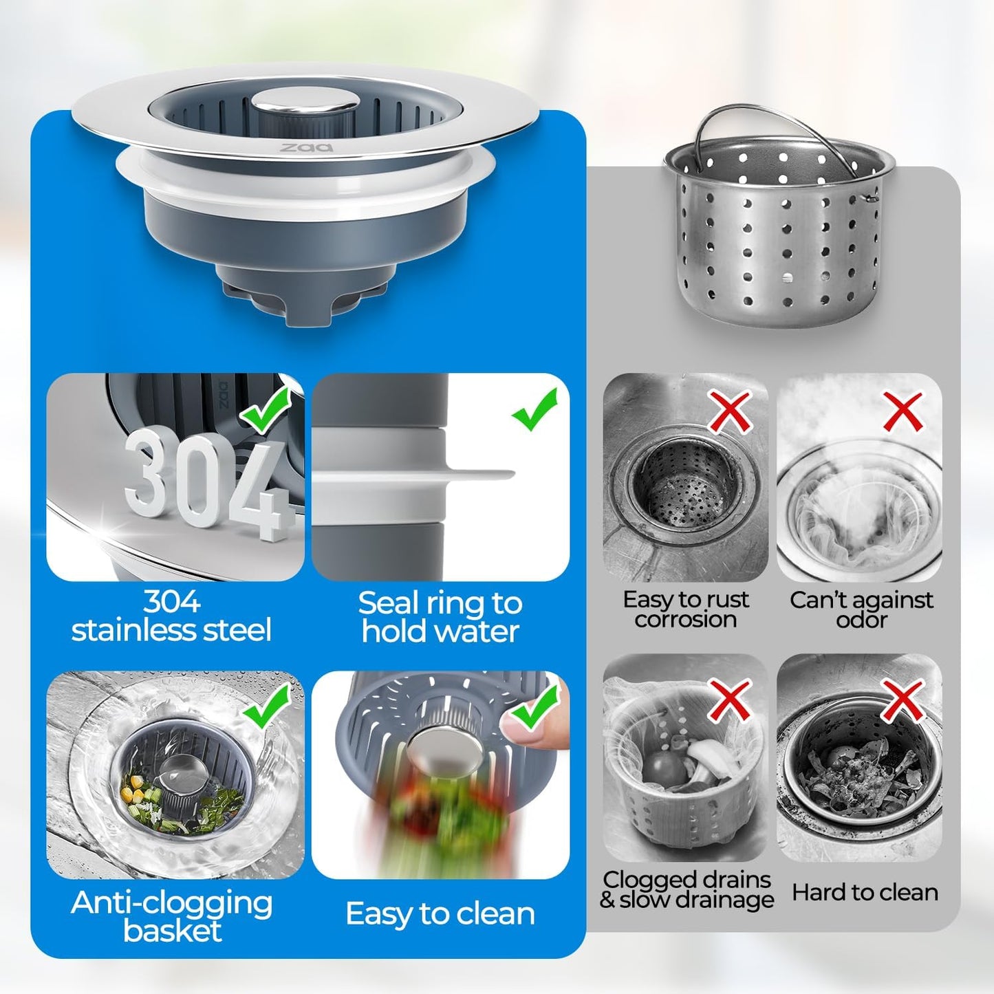 3 in 1 Kitchen Sink Drain Strainer Stopper Removable Basket Pop-Up | Kitchen Sink Food Strainer 1 Pack Silver Stainless - Food Catcher, Odor-Block Seal, Fits 3.5" Drain, Easy Clean
