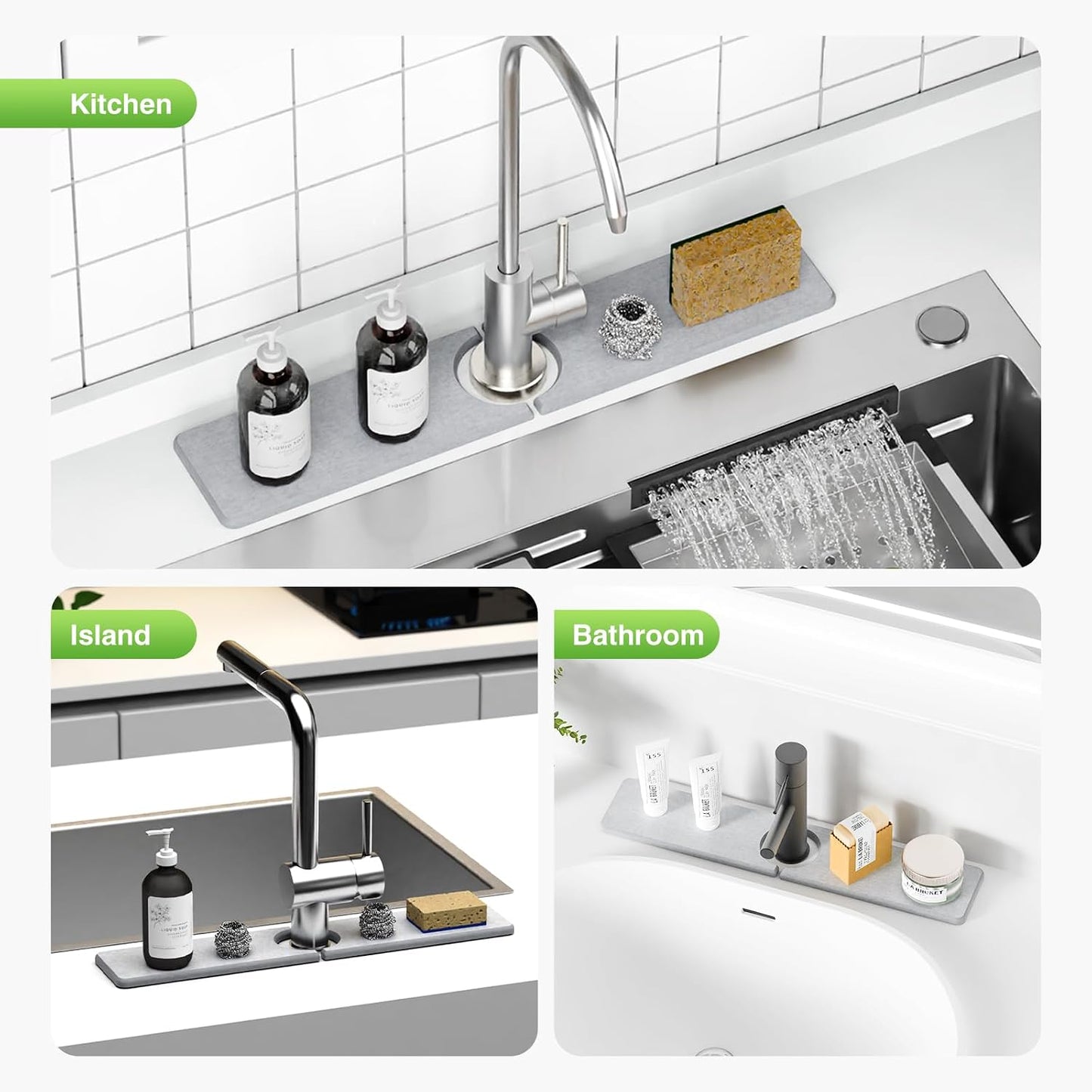 Premium Stone Faucet Mat for Kitchen Sink, 30" x 4" White | Quick Drying & Water Absorbent, Sink Splash Guard Tray for Prevents Moisture Buildup