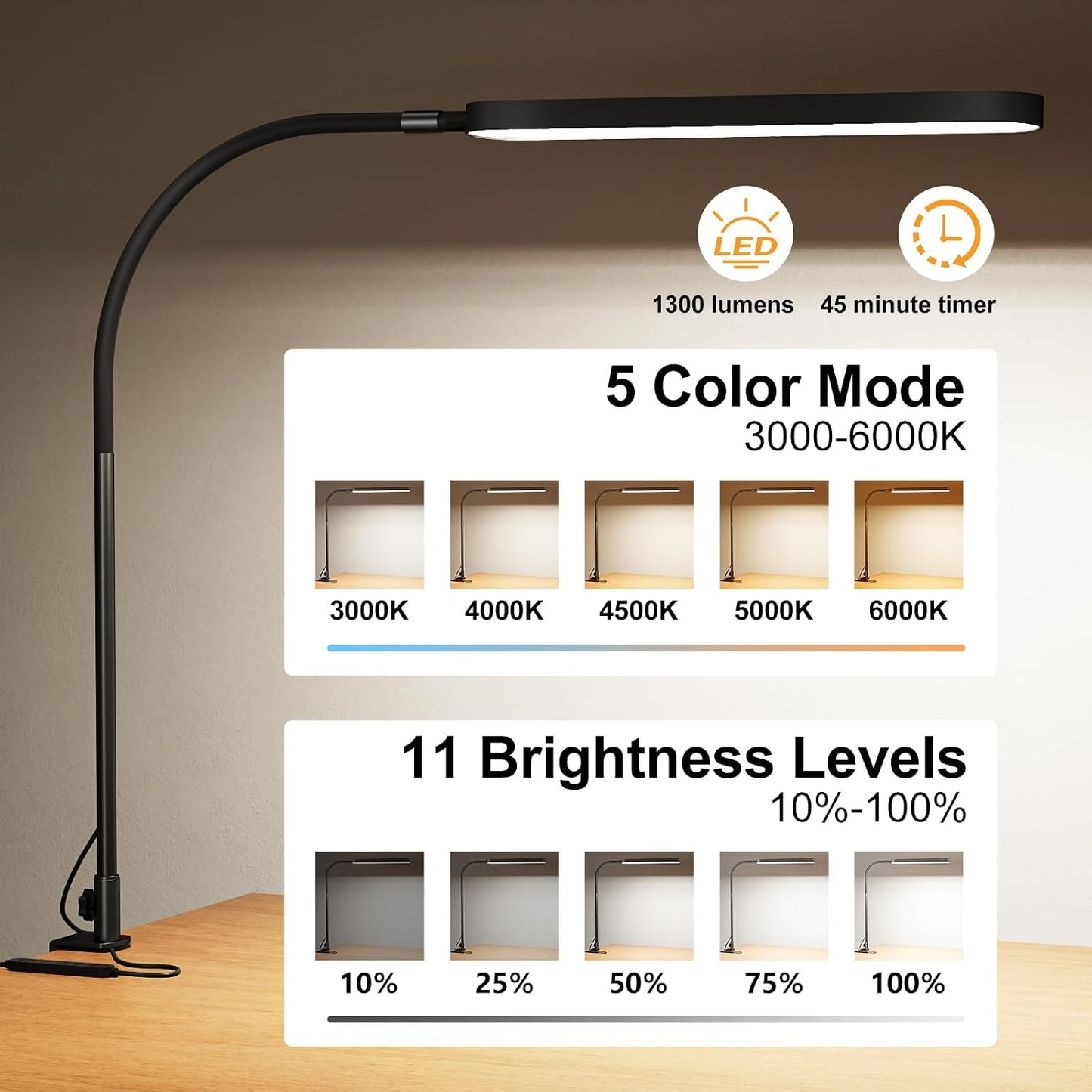 SKYLEO Desk Lamp for Home Office, Eye Comfortable LED Desk Light for Long Hours, Adjustable Swing Arm with Memory Function, Black