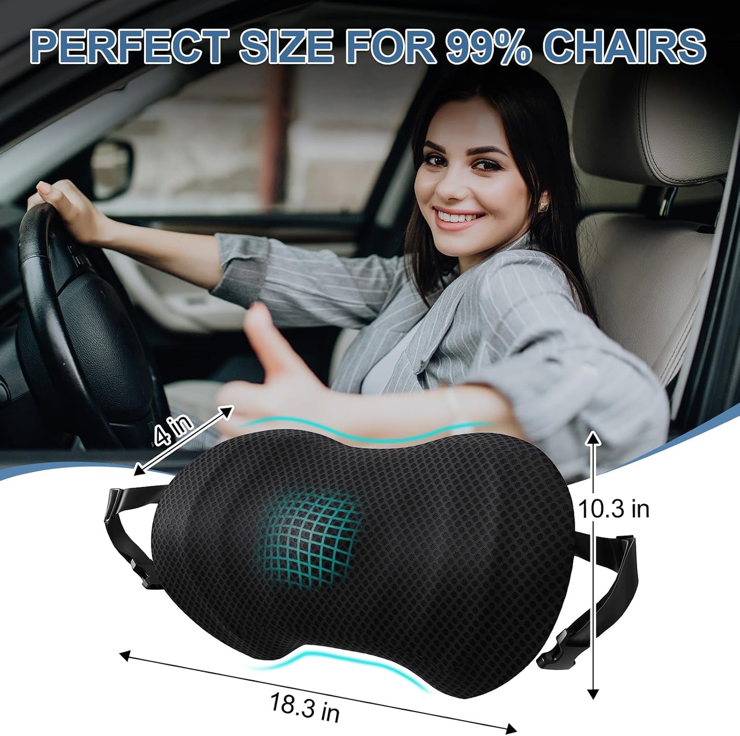 BYMECOST Lumbar Support Pillow for Car, Ergonomic Back Cushion | Memory Foam Lower Back Support Cushion with Strap for Driving, Lumbar Pillow for Pain Relief, for Office Chair, Long Sitting
