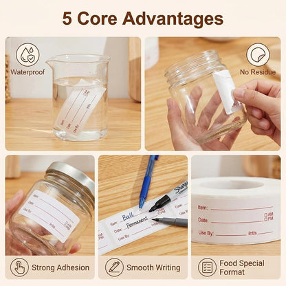 500 Labels/Roll Removable Food Storage Labels, 2 x 1 Inch Easy Write Date Stickers for Freezer, Red Text Pre-Printed Food Labels for Refrigerator Containers, Meal Prep & Kitchen Organization