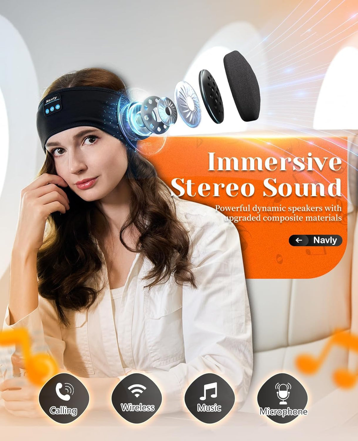 Navly Sleep Headphones, 12Hrs Sports Headband with Soft Cozy Earbuds Comfortable, Headphones Headband with Ultra-Thin HD Stereo Speakers Perfect for Workout,Running,Yoga,Travel
