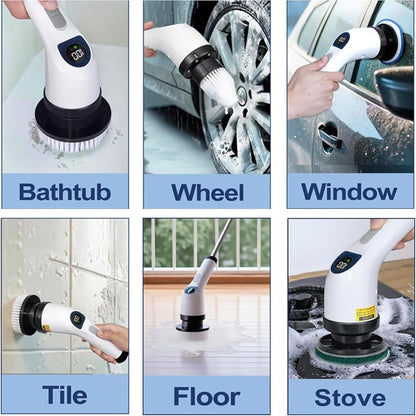 Electric Spin Scrubber for Cleaning with 7 Replaceable Heads | Adjustable Shower Brush with LED Display, 2 Speed Waterproof Cordless Shower Scrubber for Bathtub, Kitchen, Car, White
