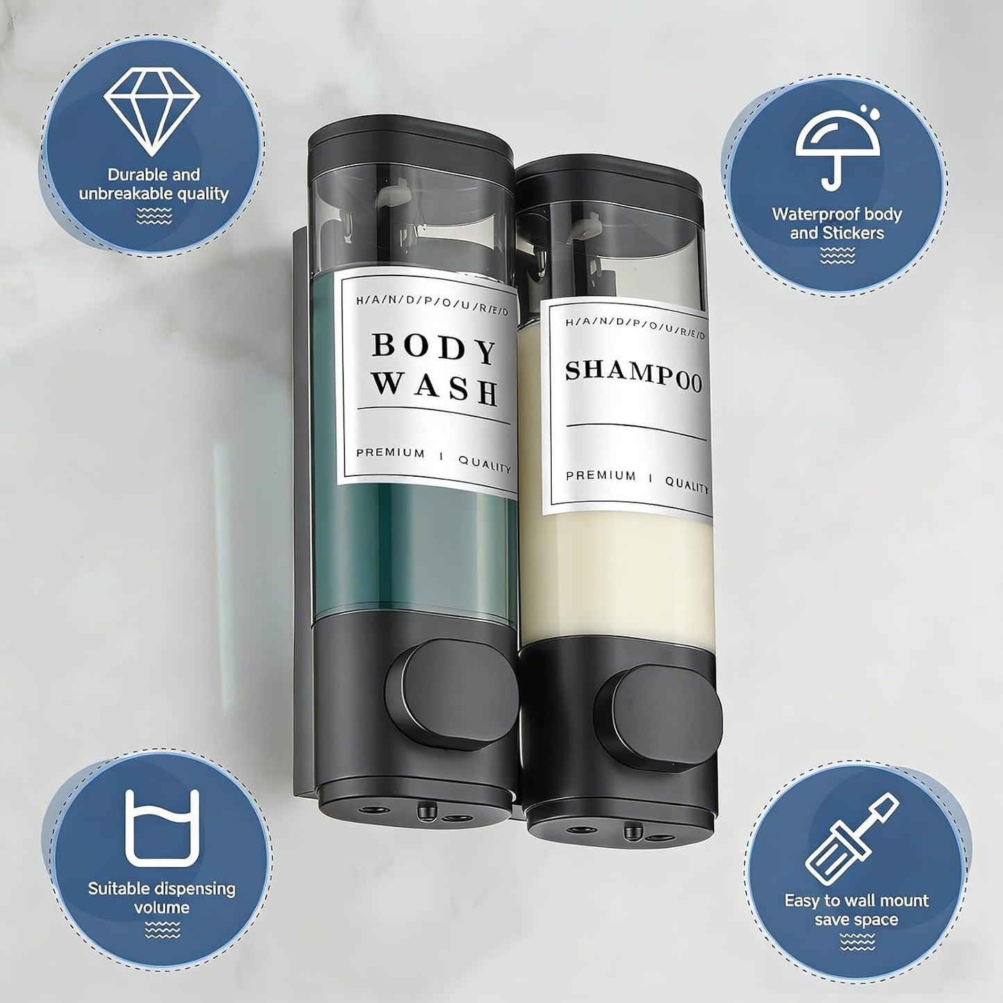 Shampoo and Conditioner Dispenser, Shower Soap Dispenser Wall Mounted, Shampoo Dispenser for Shower Wall No Drill, Bathroom Body Wash Dispenser 3 * 350ml Silver 3 Chamber