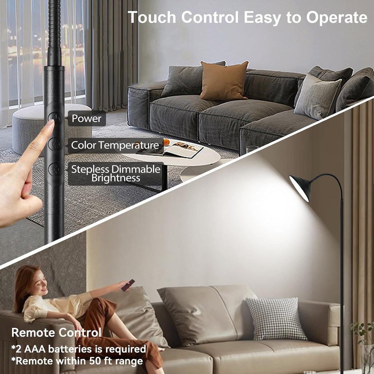 Yikuneng Dimmable LED Floor Lamp, Super Bright Reading Lamps Floor Standing lamp with Remote & Touch Control, Stepless Dimming & 2700K-6500K Color Temperature, for Living Room Bedroom Office, Black