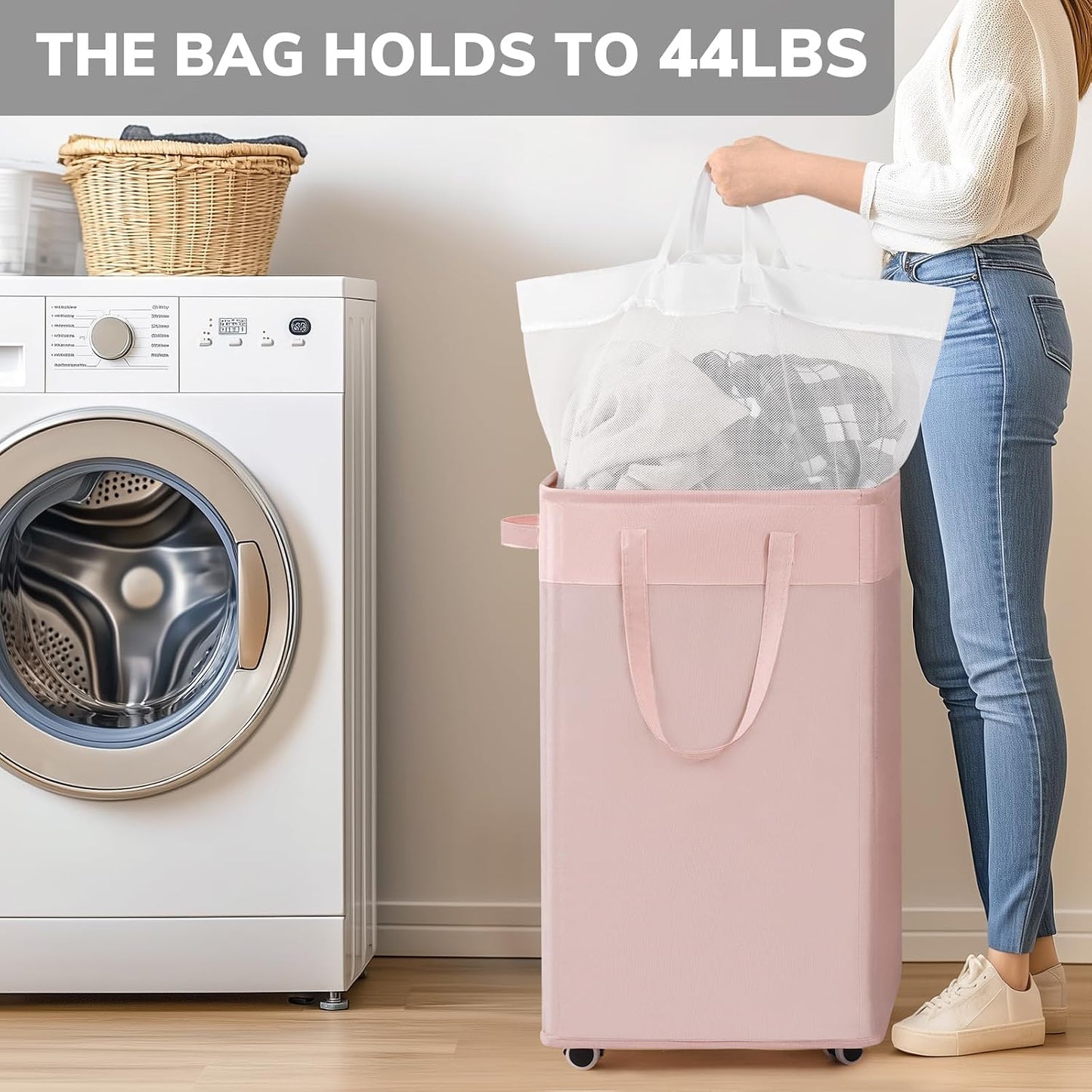 Goodpick 75L Laundry Basket with Wheels & Removable Wash Bag for Dorm | Rolling Laundry Basket with Handles for Dirty Clothes, Fodable Hamper for Laundry Room, Dorm Room Essentials, Grey
