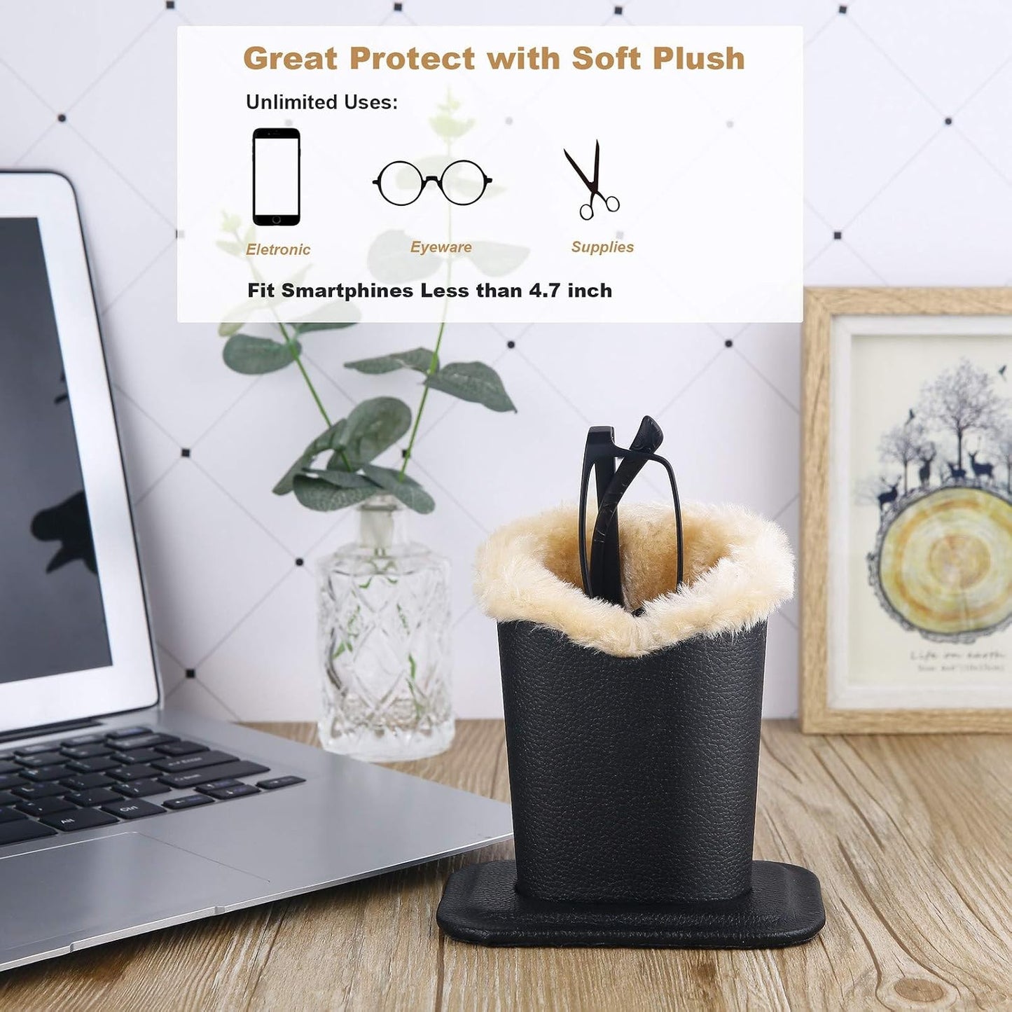 Siveit Plush Lined Eyeglass Holder, PU Leather Eyeglass Case, Anti-Scratch Glasses Storage Organizer for Desk Office Nightstand,2 Packs (Black, Navy)