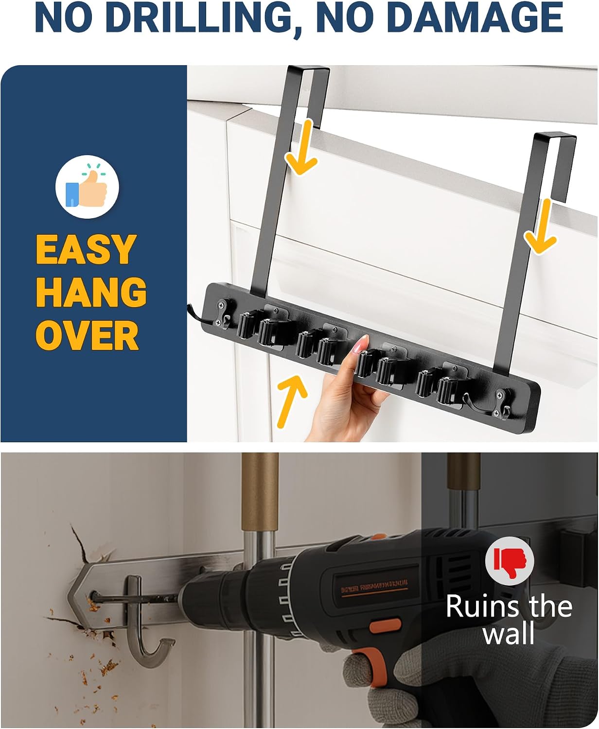 Lorbro Broom Holder Door Mount, Wood Over the Door Broom and Mop Holder | 4 Slots 4 Hooks, No Drill Setup, EVA Protection Pads, Secure Grip, Laundry Garage Closet Kitchen Use, White