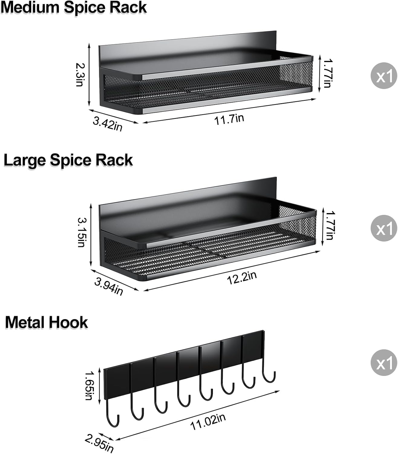 Aufworld Magnetic Spice Rack for Refrigerator, 3 Pack Magnetic Shelf, Moveable Fridge Organizer with 8-Hook Rack, Seasoning Organizer for Kitchen