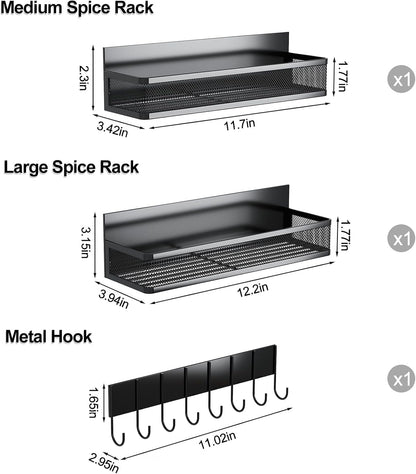 Aufworld Magnetic Spice Rack for Refrigerator, 3 Pack Magnetic Shelf, Moveable Fridge Organizer with 8-Hook Rack, Seasoning Organizer for Kitchen