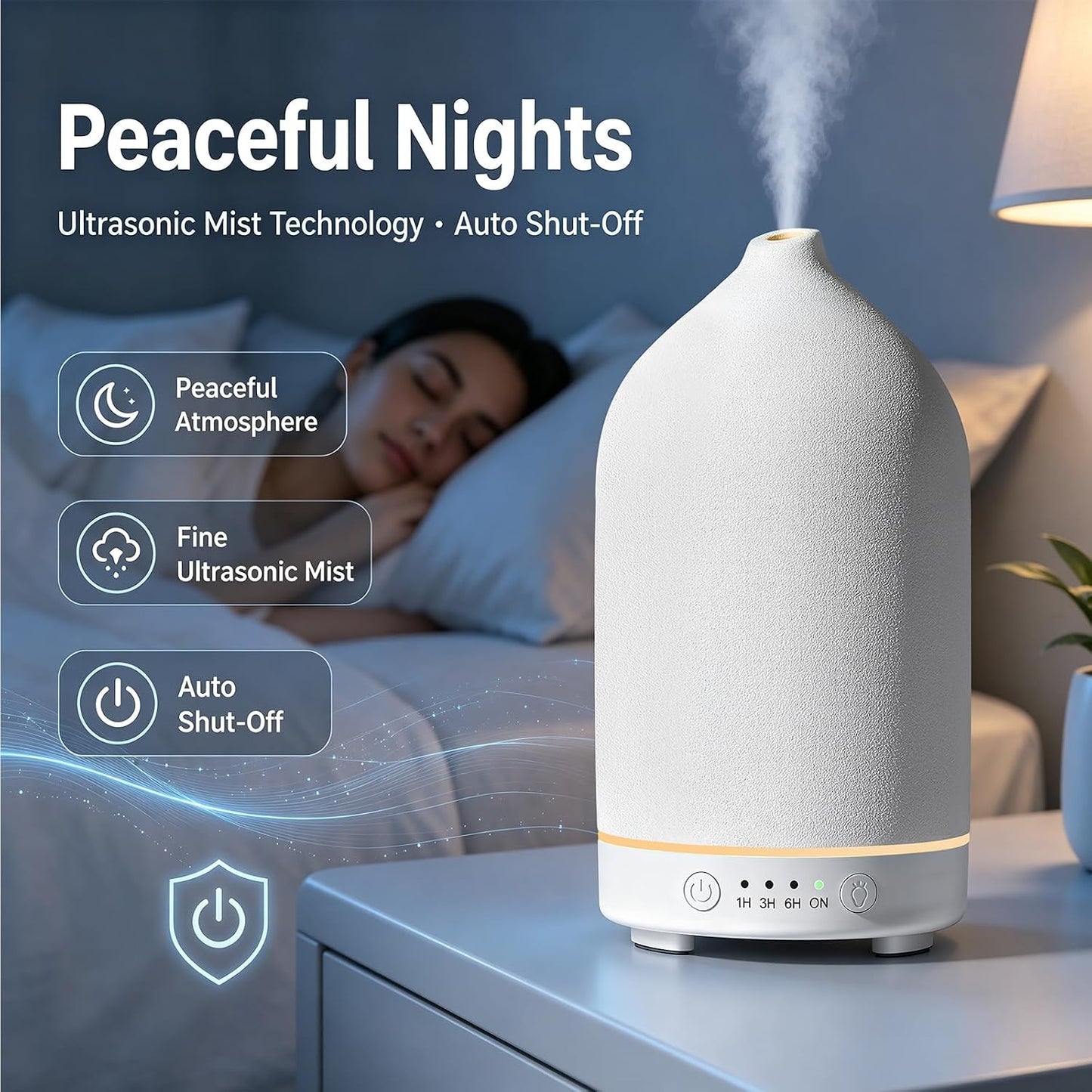 Gooamp 200ML Ceramic Essential Oil Diffuser for Home - Ultrasonic Aromatherapy Diffuser Humidifier with 7 Color LED Lights, Auto Shut-Off, 3 Timers for Bedroom, Office, Yoga, Black