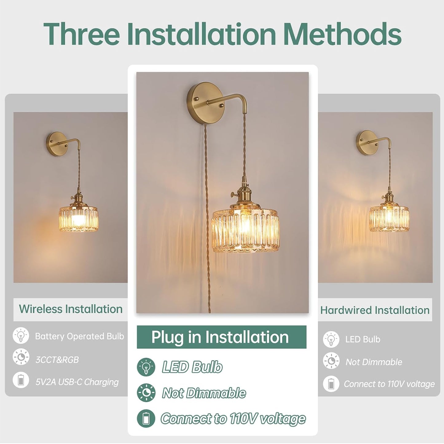 Shenmoyl Battery Operated Wall Sconce with Green Striped Shade Pattern Glass Adjustable Chain Retro Gold Wall Mounted Light, Modern Wall Lamp Fixtures Decor for Bedside Bedroom Indoor Doorway
