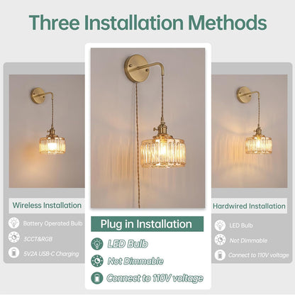 Shenmoyl Battery Operated Wall Sconce with Green Striped Shade Pattern Glass Adjustable Chain Retro Gold Wall Mounted Light, Modern Wall Lamp Fixtures Decor for Bedside Bedroom Indoor Doorway
