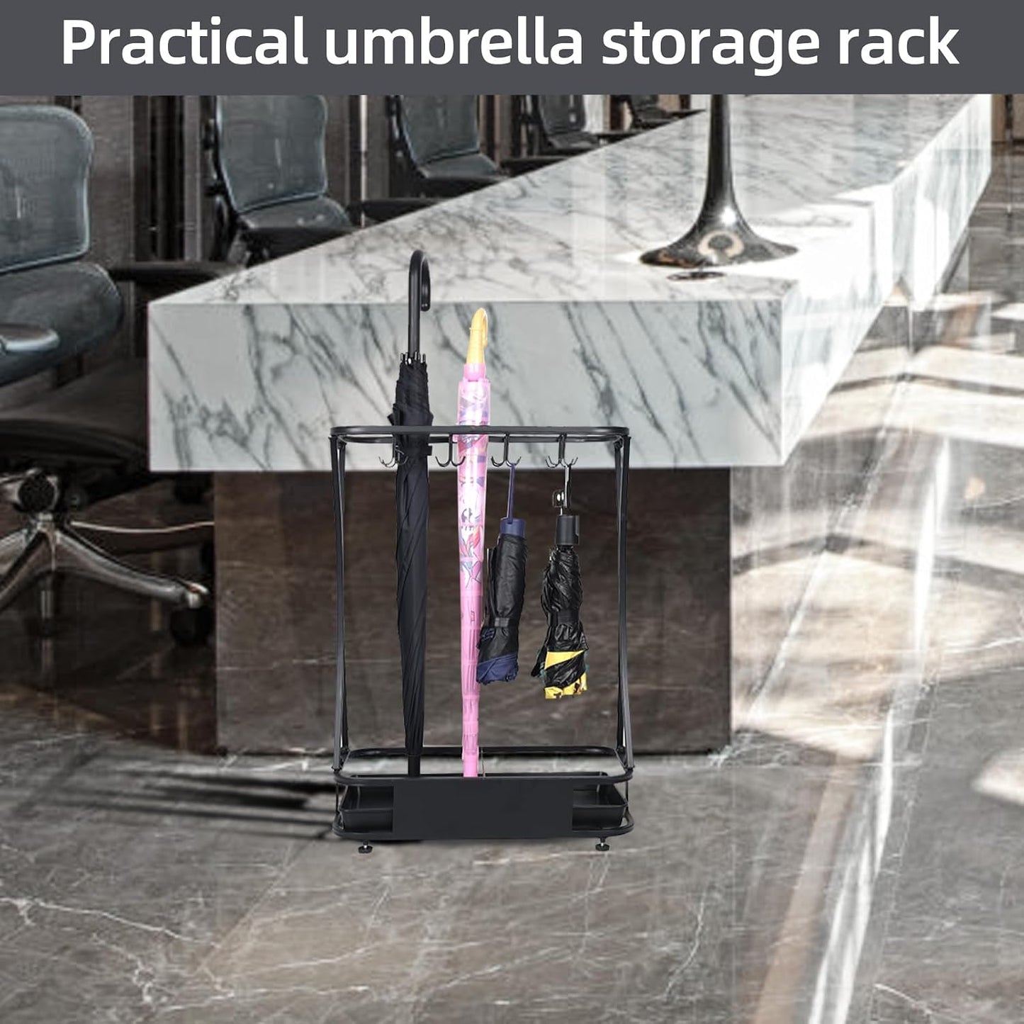 15 Slot Umbrella Stand with 8 Hooks – Heavy Duty Metal Indoor Umbrella Rack Holder with Removable Drip Tray – Large Commercial Entryway Organizer for Office, Lobby or Home
