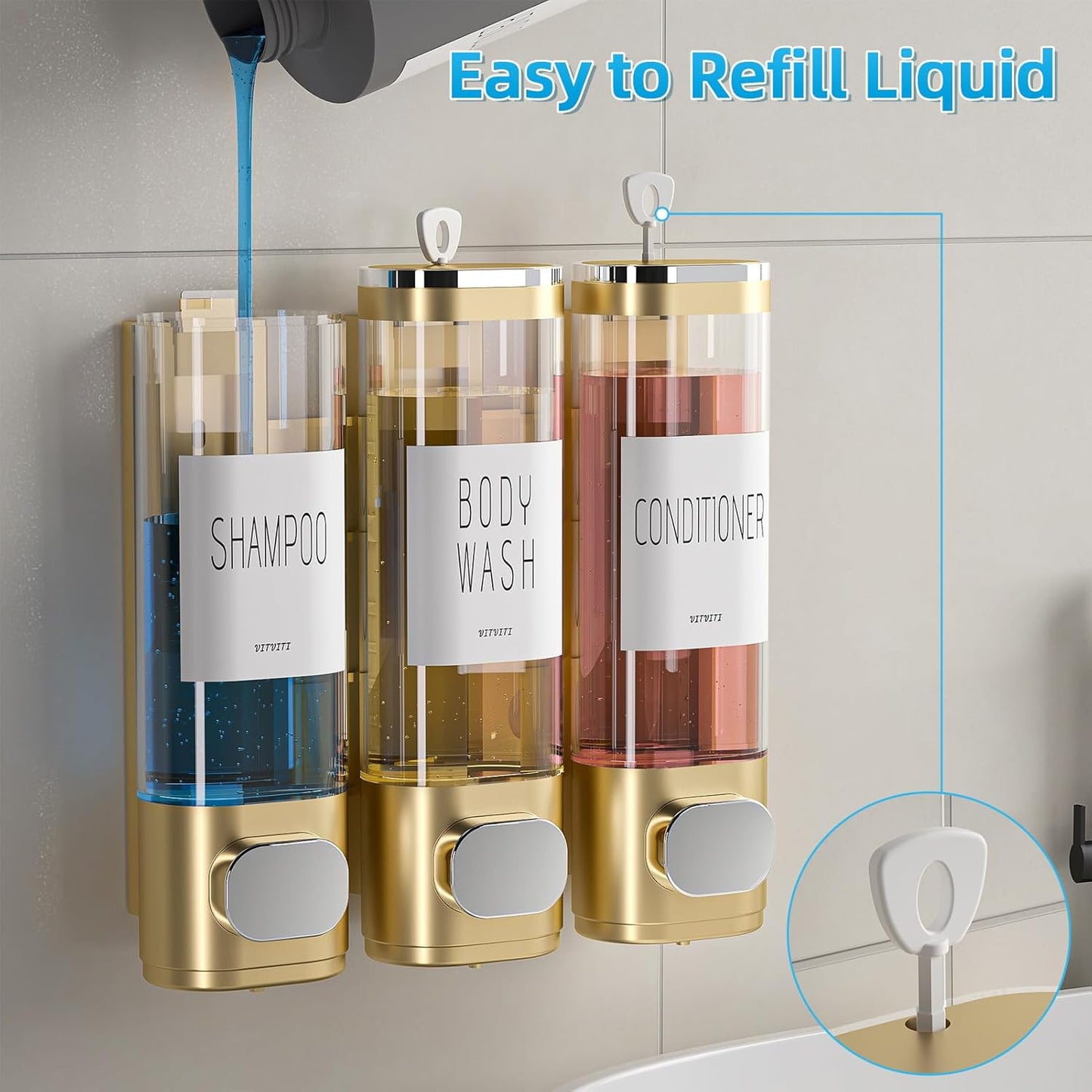 Shampoo and Conditioner Dispenser for Shower Wall Mount 3 Chamber, Black | Shower Soap Dispenser for Wall, 10.2 OZ Plastic Refillable Body Wash Bottles for Bathroom, No Drill Wall Mounted