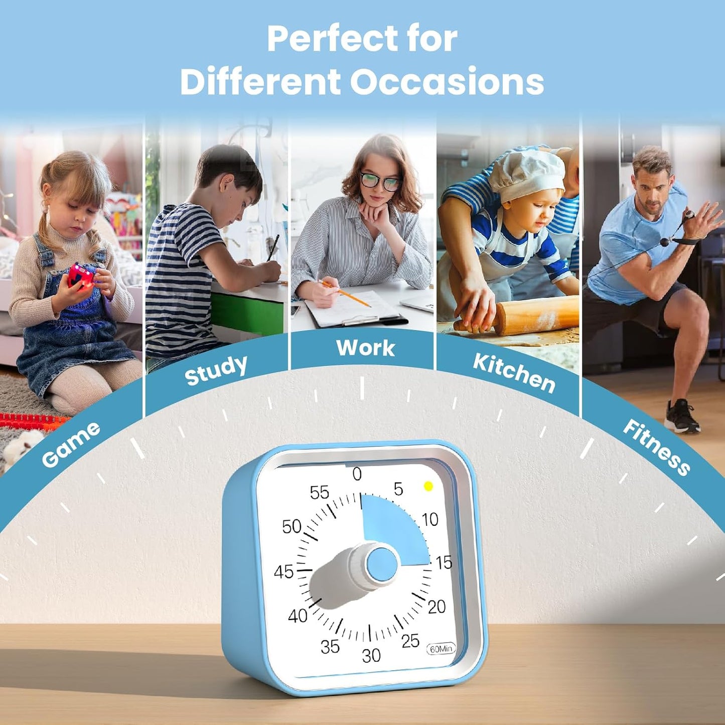 Visual Timer for Kids, Countdown Timer with Pause Function, White | Timer for Kitchen Cooking, Classroom, Study, Toddler, ADHD, Cute Timer Clock, Alarm 3 Volume Levels, Light Indicator
