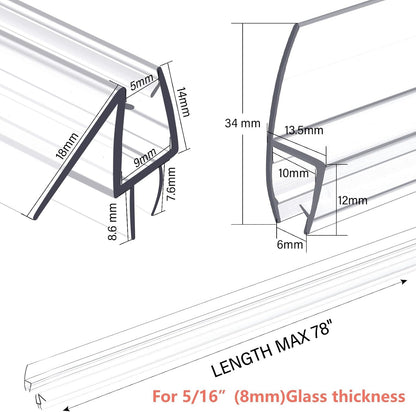 Shower Door Bottom Seal 2-Pack, 36"(914mm) Long PVC Strips with Drip Rail for 5/16"(8mm) Glass Door, Prevent Water from Spilling and Keeps The Room Clean