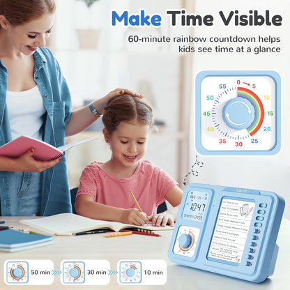 3-in-1 Visual Timer for Kids, Chore Chart for Kids, Visual Schedule（Blue） | To do list board, routine chart for home, school, classroom, ADHD/autism visual support, checklist, silent vibration alerts