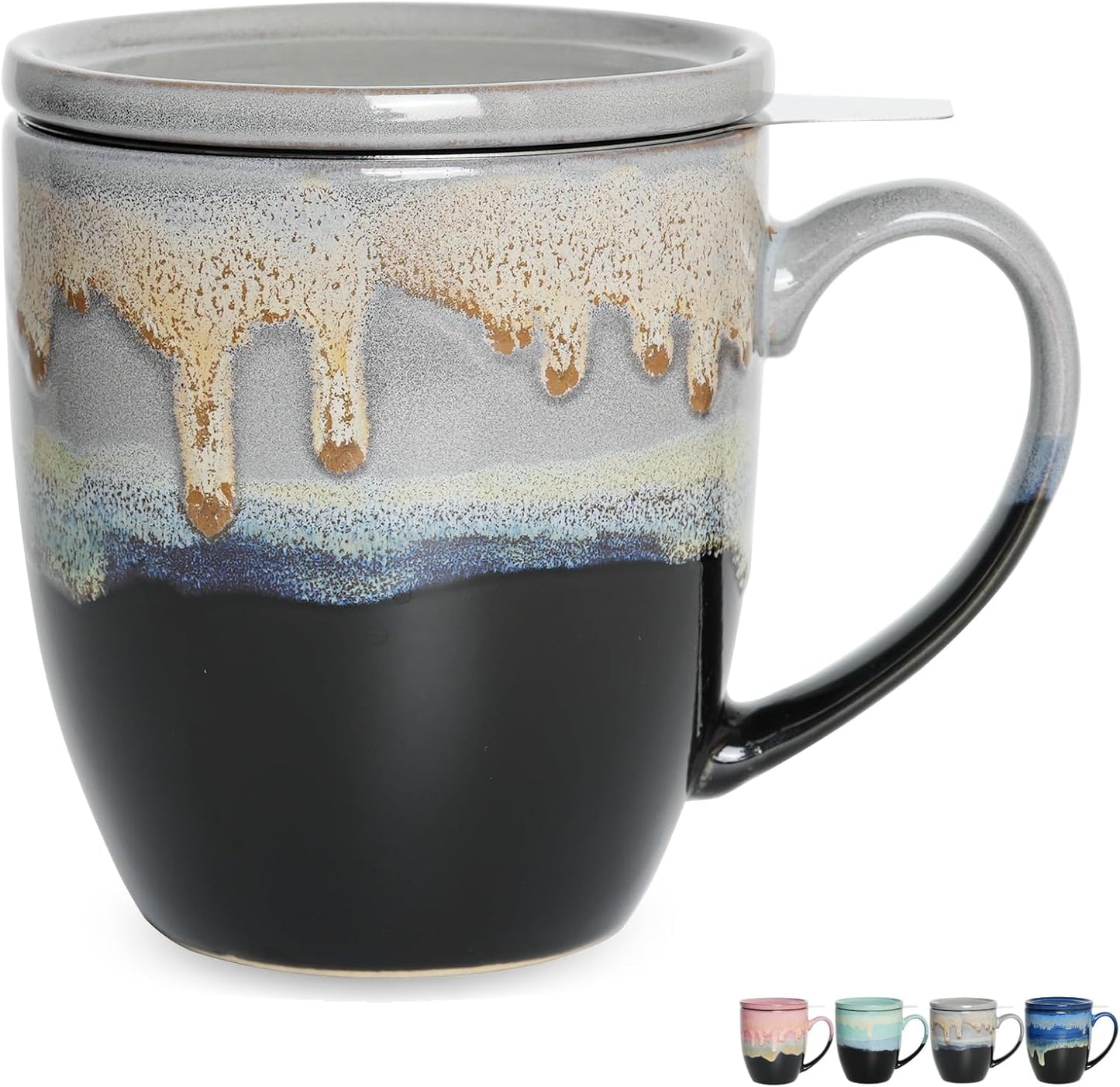 Bosmarlin Ceramic Tea Cup with Infuser and Lid, 16 Oz, 4 Color to Choose Dishwasher and Microwave Safe, Steeping Tea Mug with Strainer (Blue)