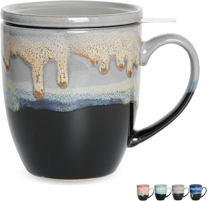 Bosmarlin Ceramic Tea Cup with Infuser and Lid, 16 Oz, 4 Color to Choose Dishwasher and Microwave Safe, Steeping Tea Mug with Strainer (Blue)