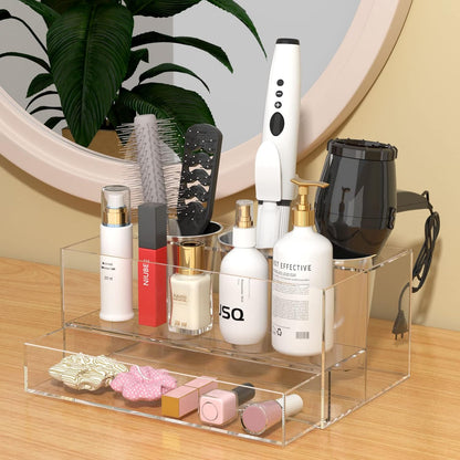 NIUBEE Acrylic Hair Tool Organizer,Hair Dryer Holder Countertop with 3 Cups | Clear, Hot Tools Organizer, Hair Blow Dryer Organizer for Curling Iron, Brush, Straightener, Makeup,Skincare,Vanity, Bathroom