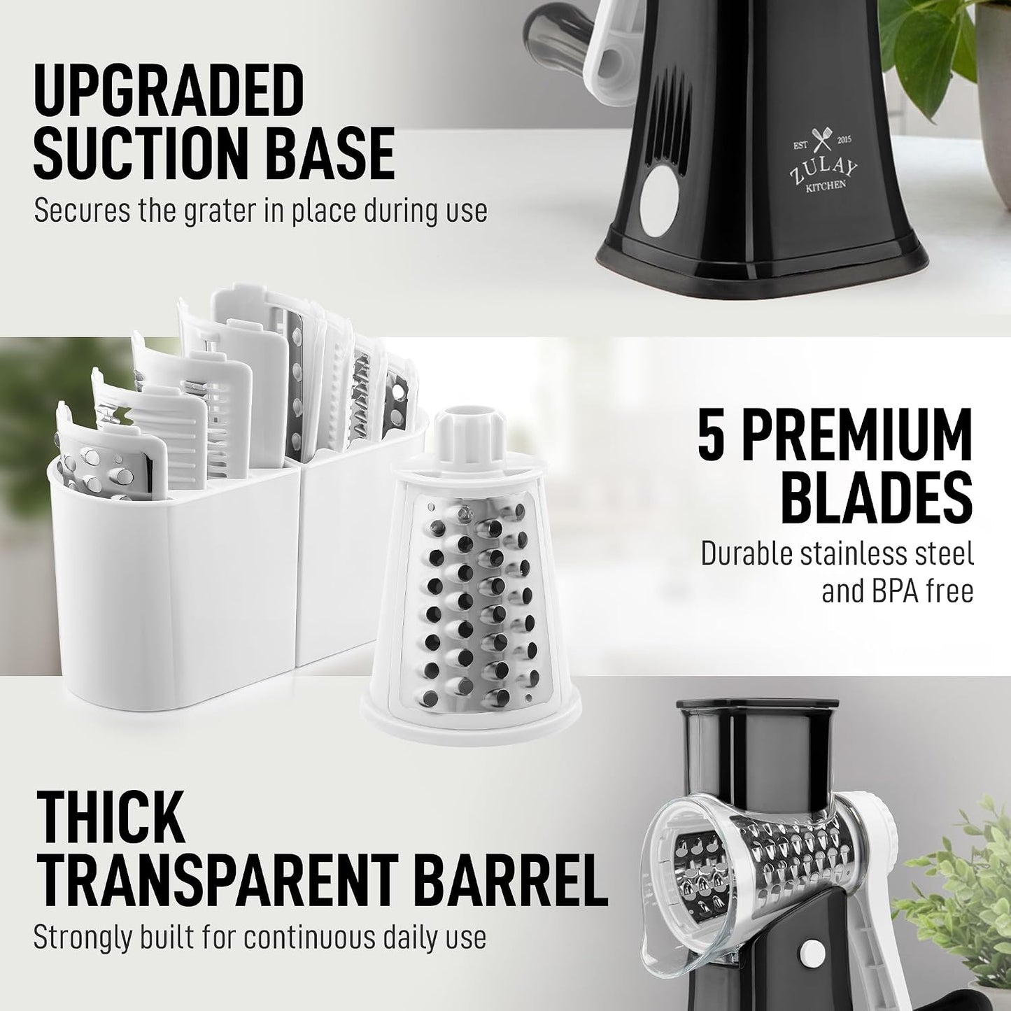 Zulay Kitchen Rotary Cheese Grater 5 Blade Cheese Shredder - Manual Hand Crank Cheese Grater With Reinforced Suction & 5 Interchangeable Drums - Easy to Use, Vegetable Chopper Round Mandoline Slicer - Colors B